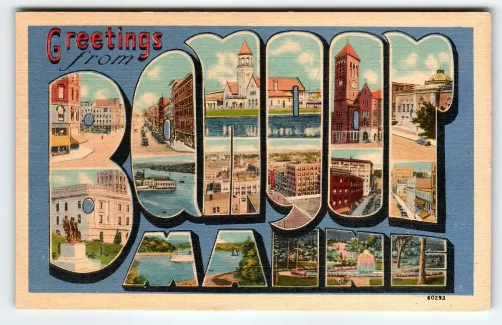 Greetings From Bangor Maine 1950's Large Letter Postcard Linen Vintage 1951
